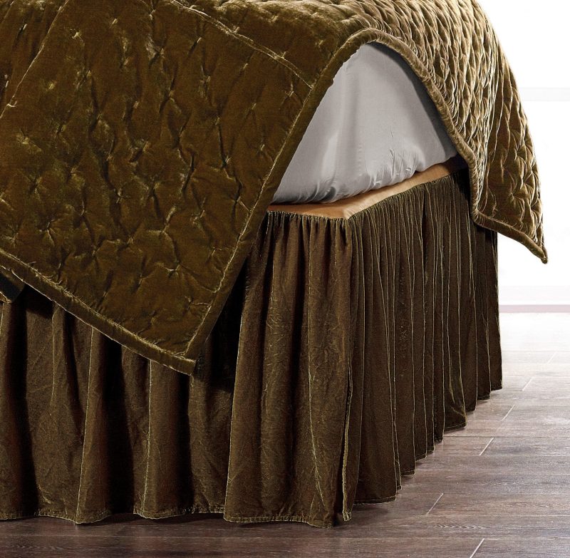 Stella Faux Silk Velvet Bed Skirt Queen / Green Ochre Bed Skirt