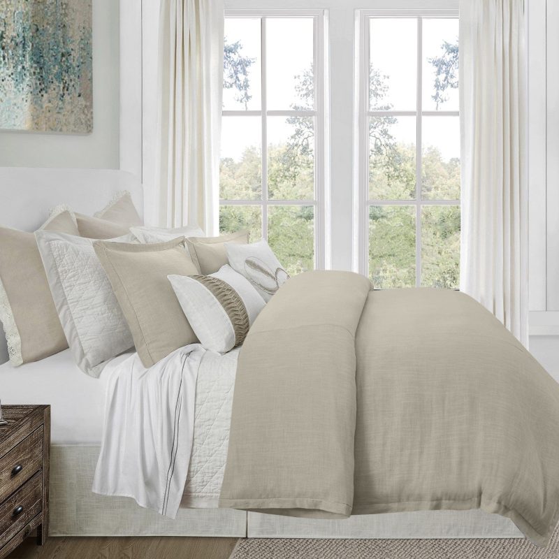 Hera Washed Linen Flange Bedding Set Comforter Set / Super Queen / Light Tan Comforter / Duvet Cover