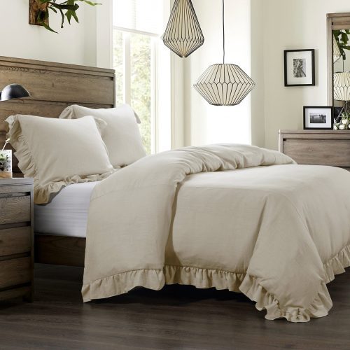 Lily Washed Linen Ruffled Bedding Set Comforter Set / Super Queen / Light Tan Comforter / Duvet Cover