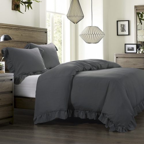 Lily Washed Linen Ruffled Bedding Set Comforter Set / Super Queen / Slate Comforter / Duvet Cover