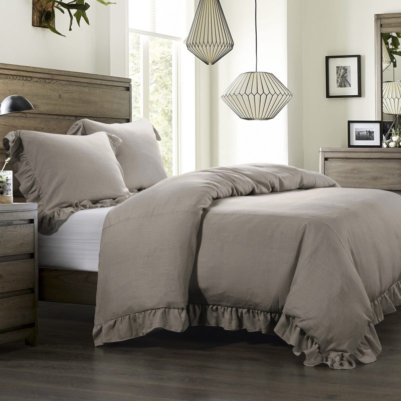 Lily Washed Linen Ruffled Bedding Set Comforter Set / Super Queen / Taupe Comforter / Duvet Cover