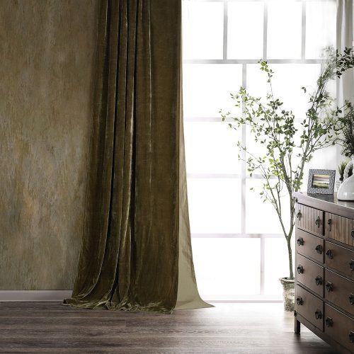 Stella Faux Silk Velvet Curtain Green Ochre Curtain