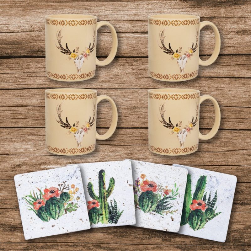 paseo road kitchen lifestyle desert skull mug and cactus blooms coaster 8 pc set 37486443888856