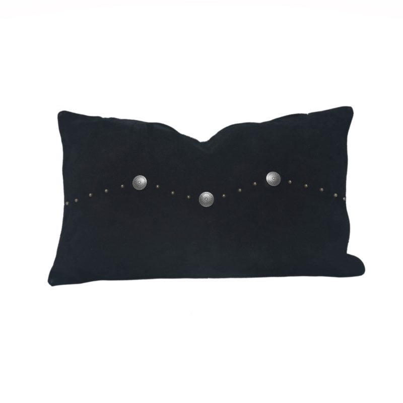 Western Suede Antique Silver Concho & Studded Lumbar Pillow Black Leather Pillow