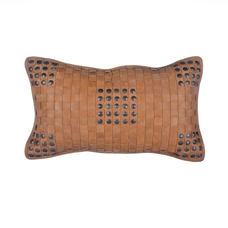 paseo road leather pillow soft tan basket weave genuine leather pillow with stud accents 20x12 37487002910936