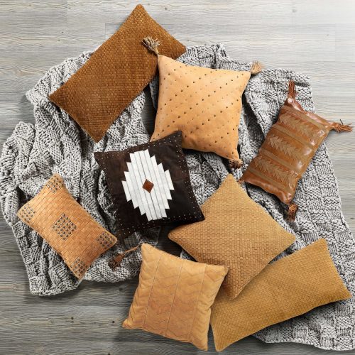 paseo road leather pillow soft tan basket weave genuine leather pillow with stud accents 20x12 37487003271384