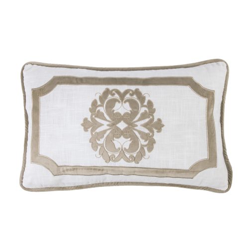 Madison Oblong White Linen Pillow w/ Velvet Embroidery. 2 Colors, 16x26 Oatmeal Pillow