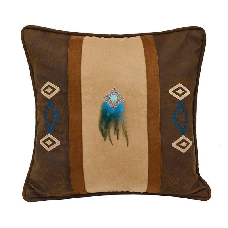 paseo road pillow tan turquoise accent pillow w feathers 37487163769048