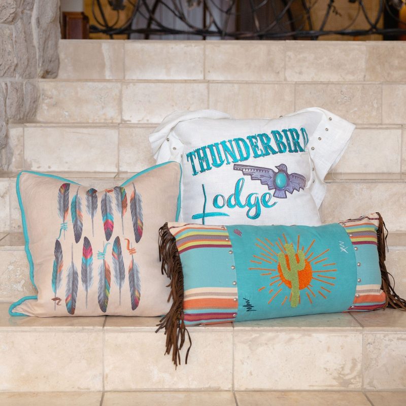 paseo road pillow turquoise embroidered thunderbird lodge linen pillow 18x18 37487211774168