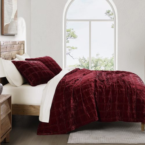 Stella Faux Silk Velvet Double Box Stitch Quilt Set Queen / Garnet Red Quilt