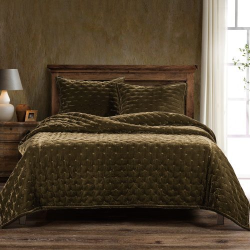 Stella Faux Silk Velvet Quilt Quilt / Queen / Green Ochre Quilt