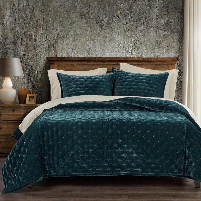 Stella Faux Silk Velvet Quilt Quilt Set / Queen / Storm Blue Quilt