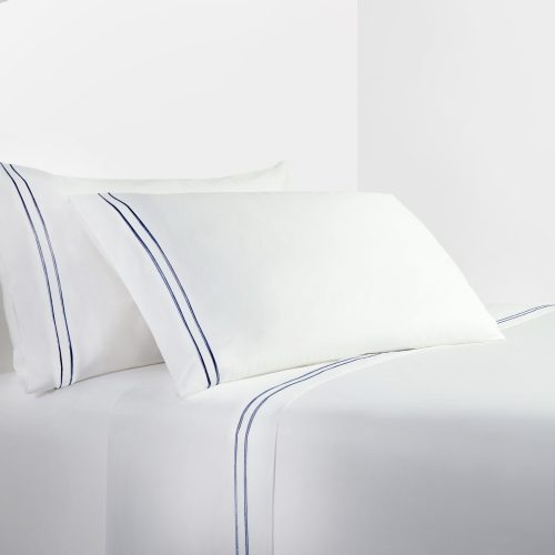 350 TC White Sheet Set With Navy Stripe Embroidery Sheet