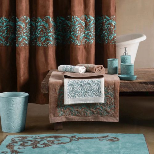 paseo road shower curtain wyatt shower curtain w turquoise scrollwork 37487380431064