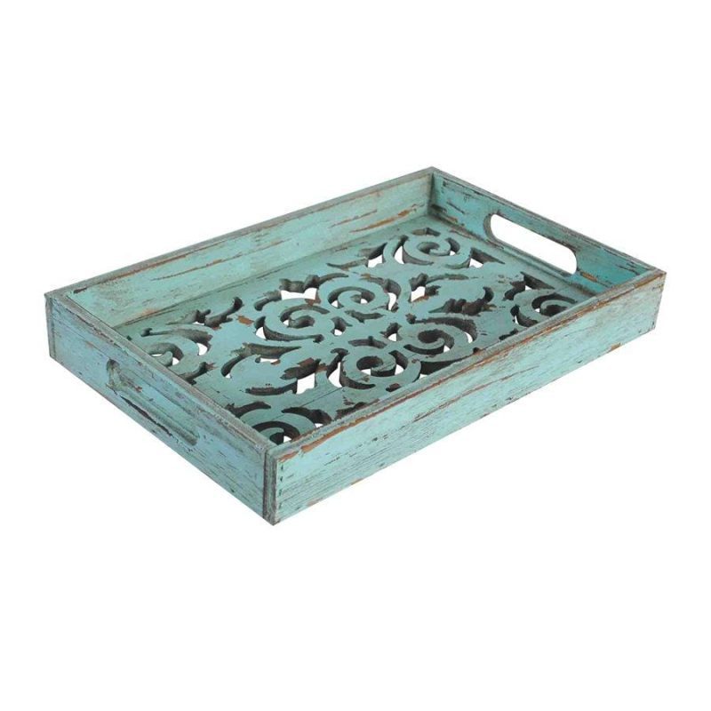 paseo road tray decorative scroll carved turquoise wooden tray 37486413709528