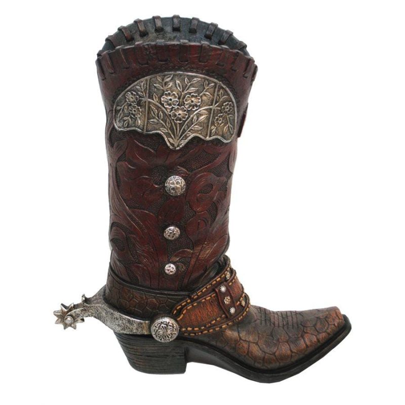 paseo road vase tooled leather design resin cowboy boot vase w metal flower 37487181070552