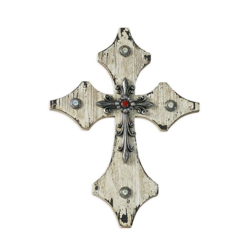 paseo road wall decor cream distressed wood cross wall art w silver accent 37486395621592